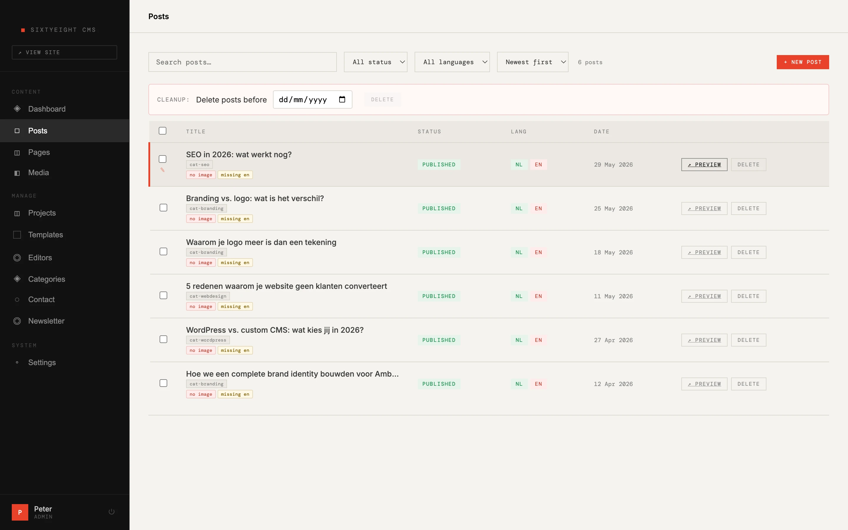 Post-editor van het sixtyeight CMS — teksten en afbeeldingen beheren