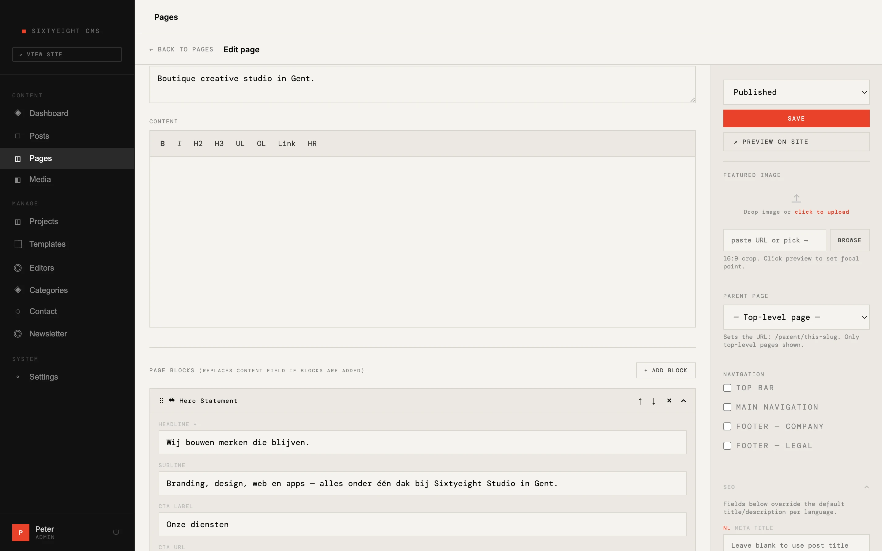Blokbouwer van het sixtyeight CMS — pagina's visueel samenstellen zonder code
