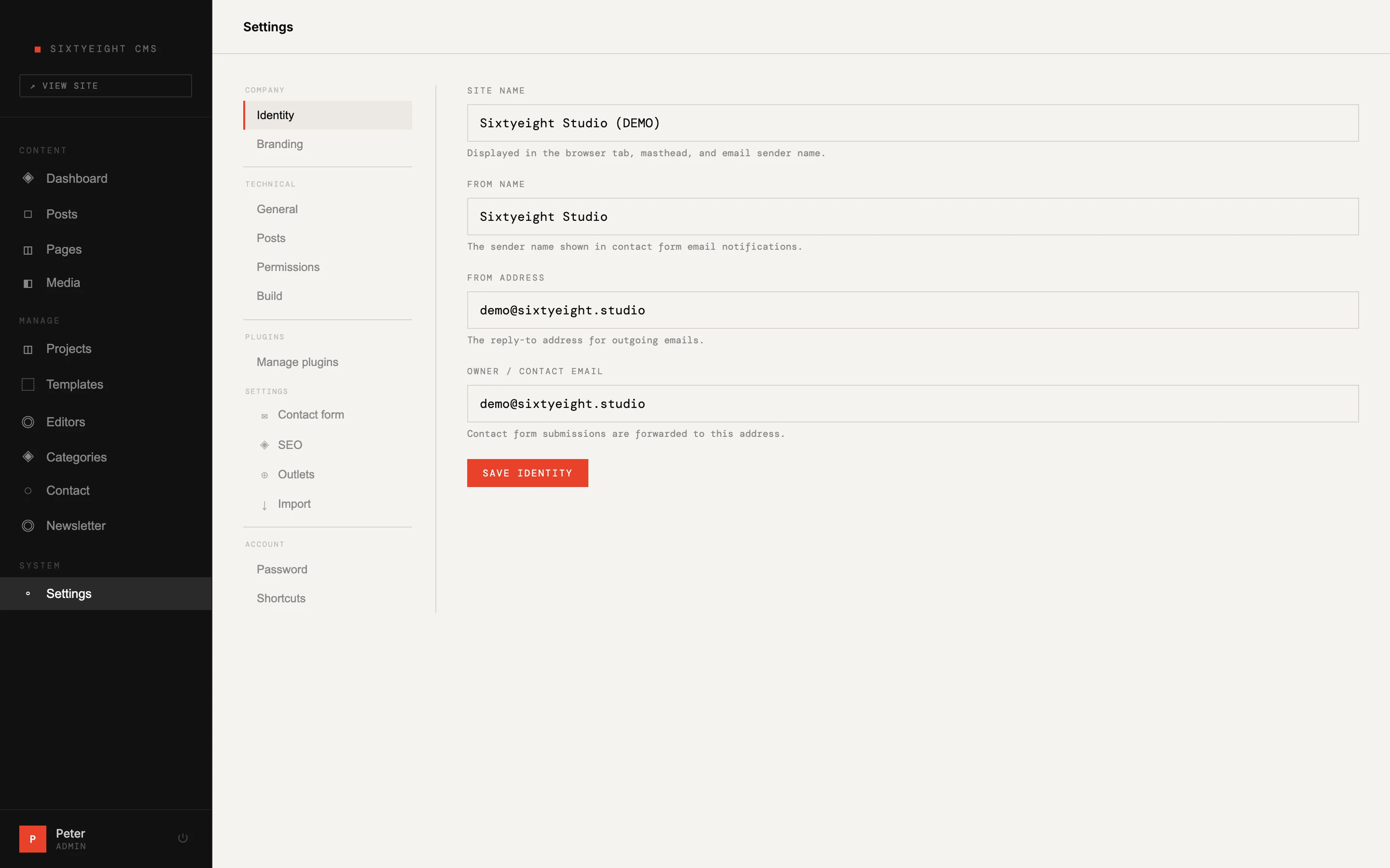 Instellingenscherm van het sixtyeight CMS — SEO, plugins en SMTP