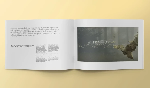 Attractor — Dubbele pagina in een magazine. Strakke typografie, ritme en visuele hiërarchie. — Editorial, Grafisch Ontwerp — Sixtyeight.studio